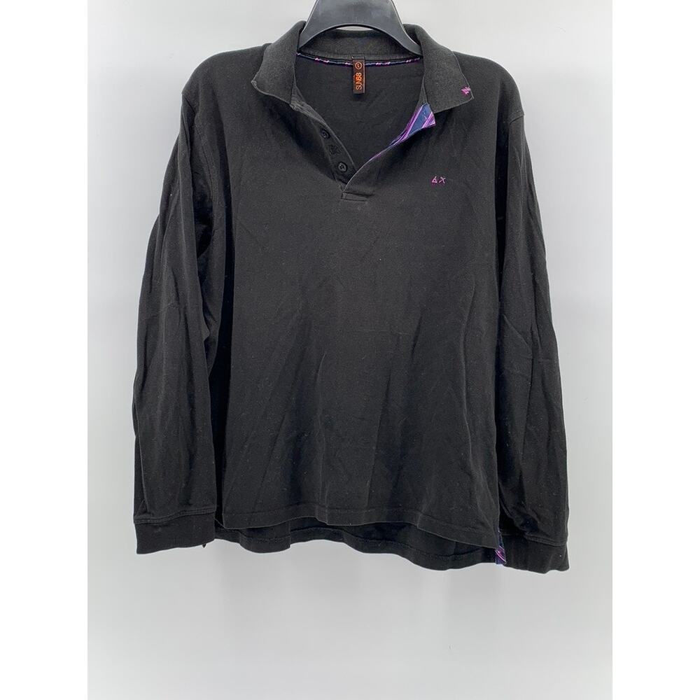 SUN68 Men's Black Textured Casual Long Sleeve Polo Shirt SZ L